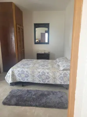 a bedroom with a bed and a mirror and rug at Sage Mountain Skyway, Comfortable One Bedroom in Sage Mountain, Tortola in Great Carrot Bay