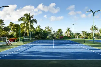 a tennis court with palm trees in the background at Rosewood Little Dix Bay in Virgin Gorda Airport