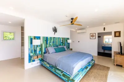 a bedroom with a bed and a ceiling fan at Cannon Point Estate in Cane Garden Bay