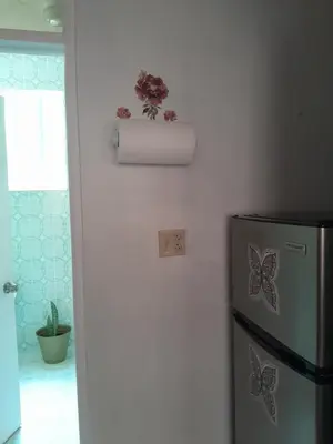 a refrigerator in a kitchen with butterflies on the wall at Abigail Diamond 1 Bedroom near Nanny Cay Marina in Tortola Island