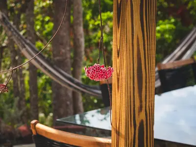 a pom pom hanging from a wooden pole at Villa Odyssea BVI in Tortola Island