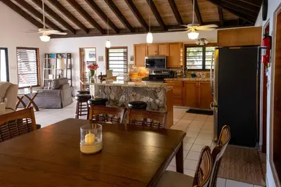 a kitchen and living room with a wooden table at Villa ValMarc Mahoe Bay Virgin Gorda BVI in Virgin Gorda