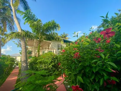 a house with palm trees and flowers in front of it at Sugar Mill Hotel in Great Carrot Bay