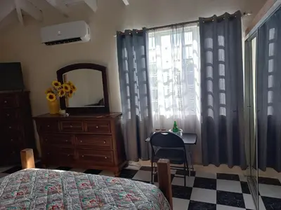 a bedroom with a bed and a dresser and a mirror at More Than Beauty Properties in Tortola Island